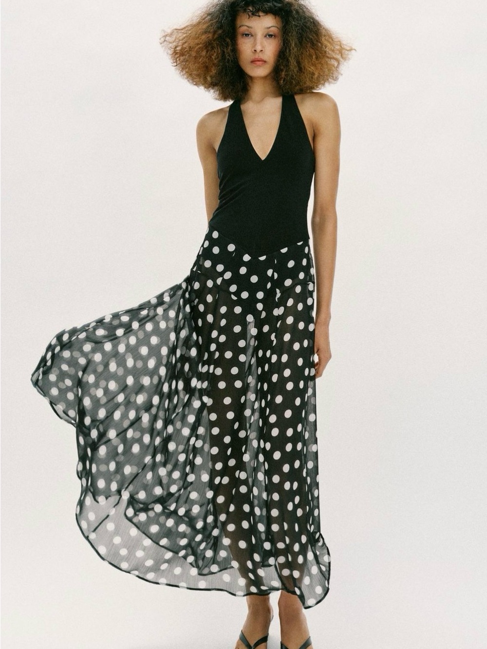Zara Black Maxi Skirt with White Polka Dots